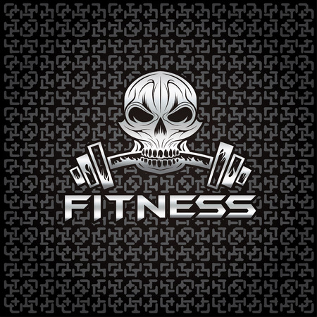 silver skull holding a barbell in the teethのイラスト素材