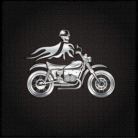 silver skull in helmet on bike with flames concept vector design templateのイラスト素材