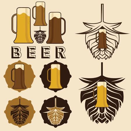 set of beer labels with mugs and hopsのイラスト素材