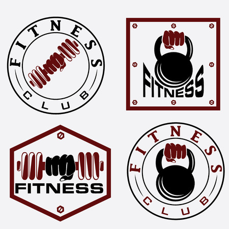 hand holding barbell and kettlebell in emblems of fitnessのイラスト素材