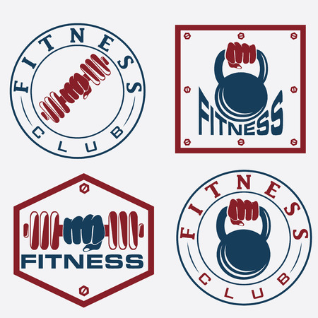 hand holding barbell and kettlebell in emblems of fitnessのイラスト素材