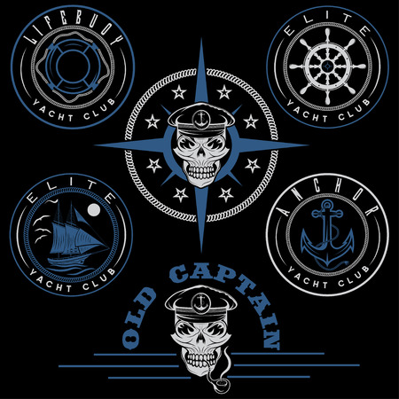 set of vintage labels with boat ,captain skull ,wheel,anchor and lifebuoyのイラスト素材