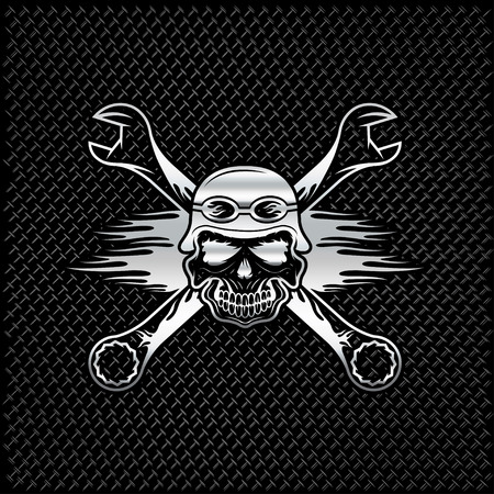 silver skull in helmet and wrenches with flamesのイラスト素材