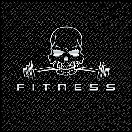 silver skull holding barbell in the teethのイラスト素材