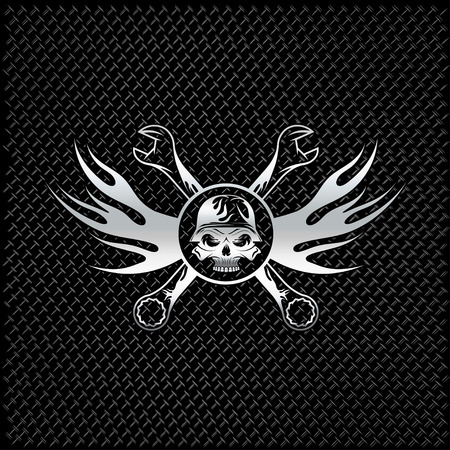 silver skull in helmet with flames and wrenchesのイラスト素材