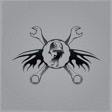 biker man and wrenches vintage emblem on metal backgroundのイラスト素材