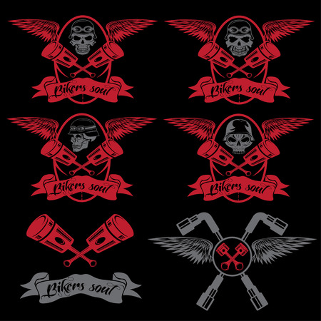 biker theme labels with pistons and skulls with wingsのイラスト素材