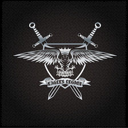 silver eagle with crown and swords crest on metal backgroundのイラスト素材