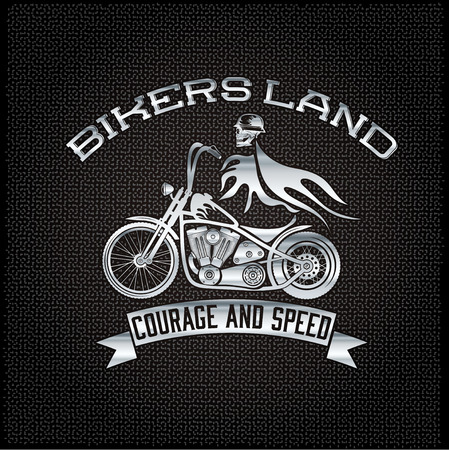 silver skull in helmet on motorbike with flames on metal backgroundのイラスト素材