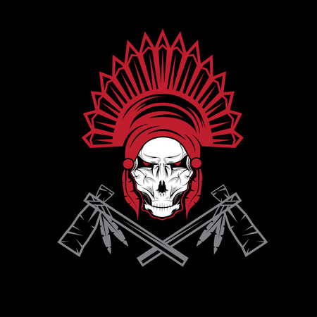 Native American chief skull in tribal headdress with tomahawksのイラスト素材