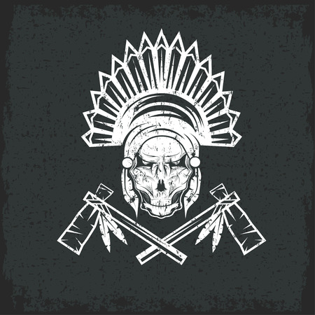 Native American chief skull in tribal headdress with tomahawksのイラスト素材