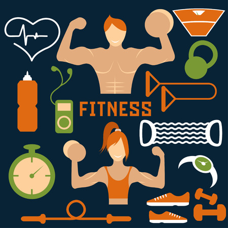 Vector flat design of fitness with guy ,girl and web icons of fitness elementsのイラスト素材