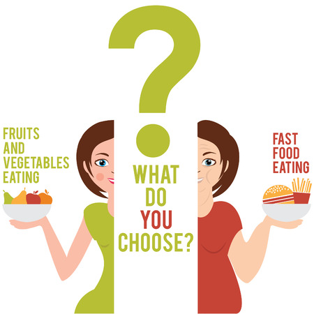 Illustration of two women who have chosen a different style of food: fast food or fruits and vegetables. vectorのイラスト素材