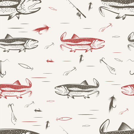 Seamless pattern on the subject of fishing. With fish, boat and bait. Vectorのイラスト素材