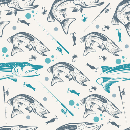 Seamless pattern on the subject of fishing. With fish, boat and bait. Vectorのイラスト素材