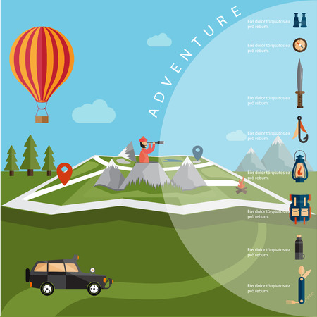 flat design of explorer with spyglass and balloon on map with adventure elementsのイラスト素材