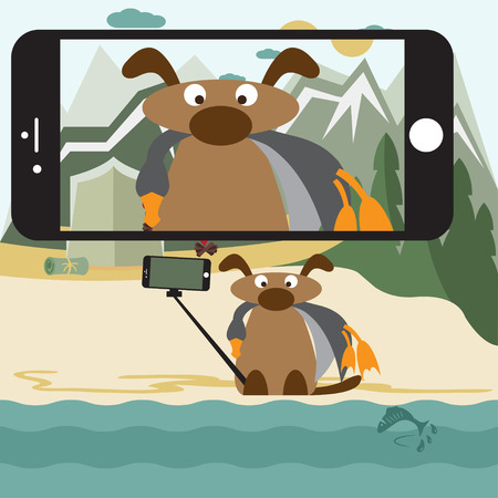 Concept flat design illustration with dog  and selfie stick. のイラスト素材