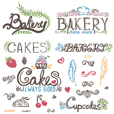 Collection of handwritten vintage retro bakery logo labels. Vectorのイラスト素材