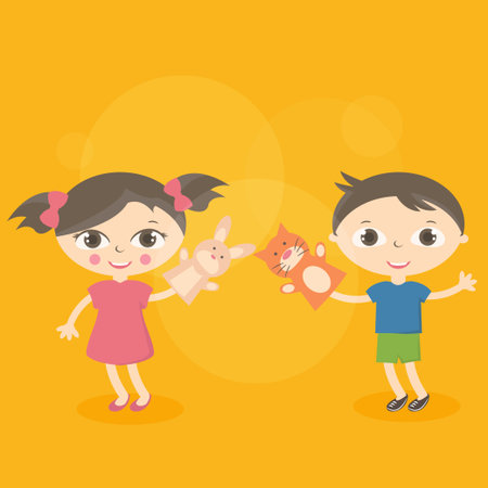 Illustration small kids with hand puppet toy. Vectorのイラスト素材