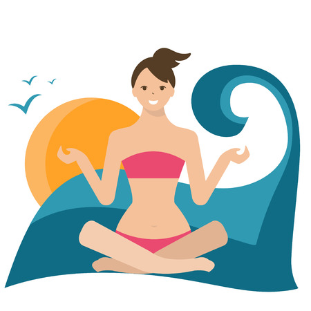 Conceptual illustration of a girl in lotus position, sitting on  the beach. Vectorのイラスト素材