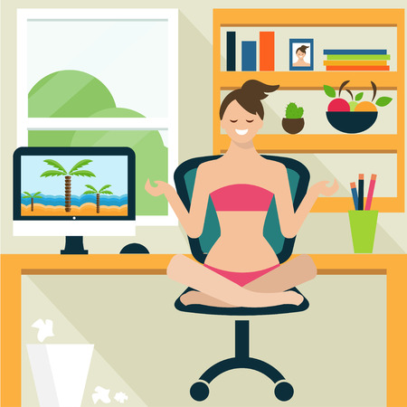 Conceptual illustration of a girl in lotus position, sitting on office. Vectorのイラスト素材