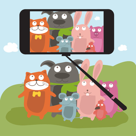Monopod Selfie with cartoon animals .Vectorのイラスト素材