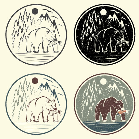 set of vintage grunge adventure labels with bear,salmon and mountainsのイラスト素材