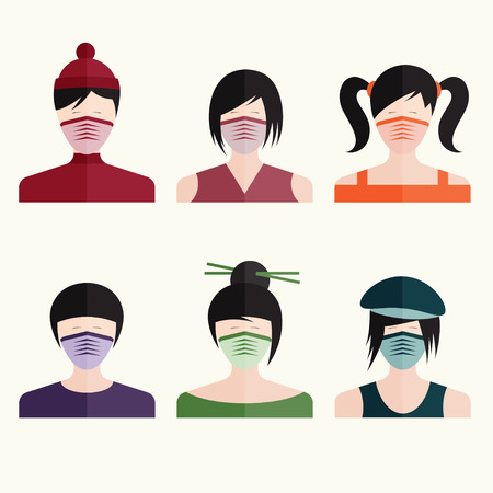 flat design vector set japanese girls in medical masksのイラスト素材