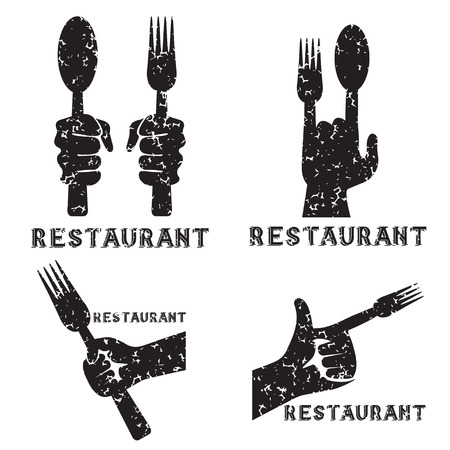 set of grunge vintage vector emblems of restaurant with handsのイラスト素材