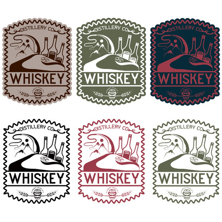 vintage vector labels of whiskey with copper whiskey still and mountainsのイラスト素材