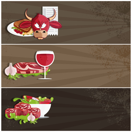 steak house vector banners with bull,meat,wine and saladのイラスト素材