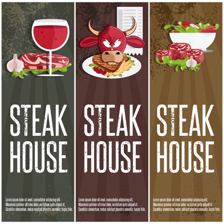 steak house vector banners with bull,meat,wine and saladのイラスト素材