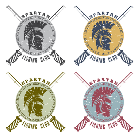 grunge spartan fishing club labels with warrior headのイラスト素材