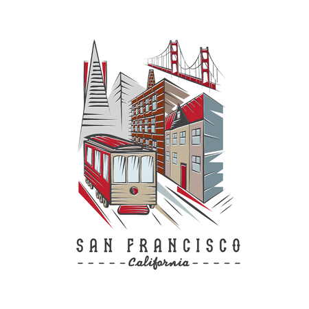 San Francisco Golden gate bridge ,buildings and tramのイラスト素材