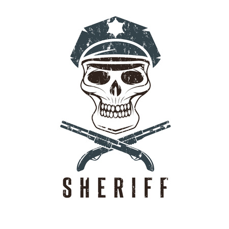 sheriff skull in cap and shotguns grunge vector design templateのイラスト素材