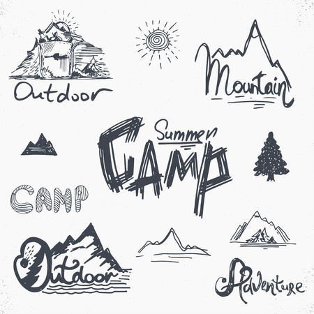 Hand-Drawn vintage lettering label with mountains, forest and sun. Vector illustrationのイラスト素材