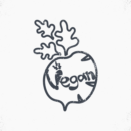 Vintage radish illustration with lettering " vegan". Vectorのイラスト素材