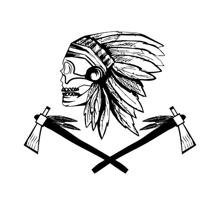 Native American chief skull in tribal headdress with tomahawksのイラスト素材
