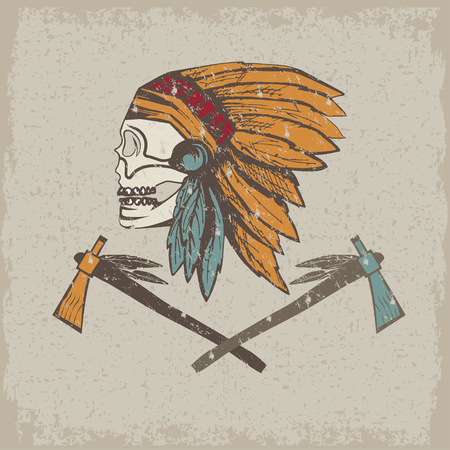 Native American chief skull in tribal headdress with tomahawksのイラスト素材
