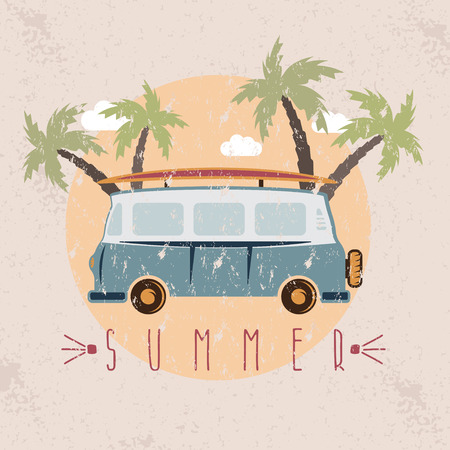 retro bus with surfboard grunge vector design templateのイラスト素材