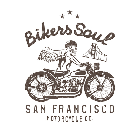 skeleton in helmet on bike and golden gate bridge vector design templateのイラスト素材