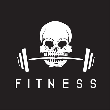 skull holding barbell in the teeth fitness conceptのイラスト素材