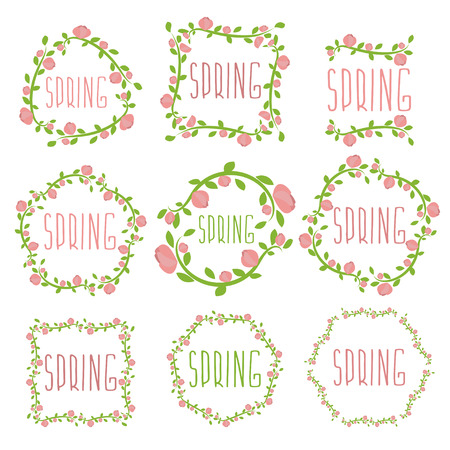 Set of spring labels with flowers and leaves. Vector illustrationのイラスト素材