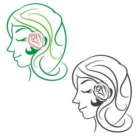 Silhouette beauty woman with hair with flower and leaves. Vector illustrationのイラスト素材