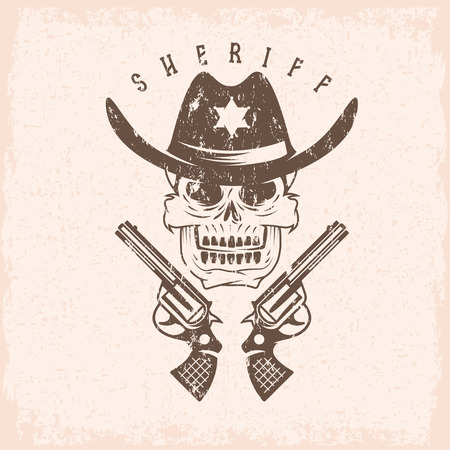 grunge label of sheriff skull in hat and gunsのイラスト素材