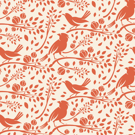 Seamless pattern of spring birds in branches with leaves and flowers. Vector illustrationのイラスト素材