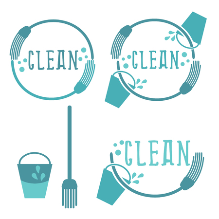 Set of cleaning labels with mop. Vector illustrationのイラスト素材