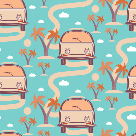 Seamless pattern of retro Bus with surfboard in beach with palms. Vector illustrationのイラスト素材