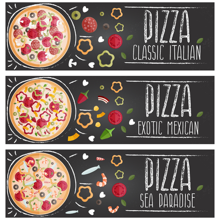 Set of banners for theme pizza with different tastes flat design. Vector illustrationのイラスト素材