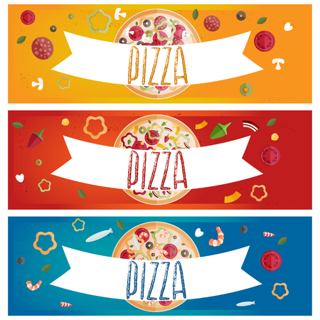 Set of banners for theme pizza with different tastes flat design. Vector illustrationのイラスト素材